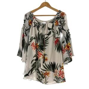 Olivaceous Women’s Size Small Beige Green Tropical Print Off Shoulder Mini Dress